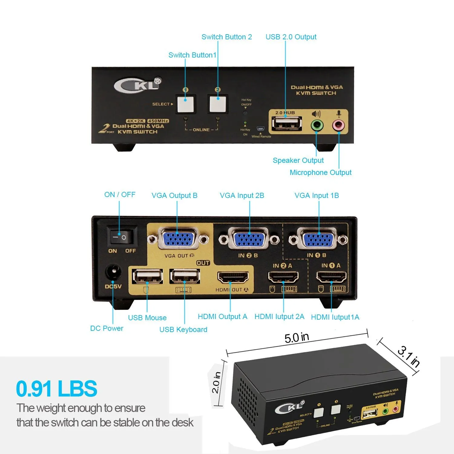 2 Port HDMI   VGA Dual Monitor KVM Switch  CKL-922HV