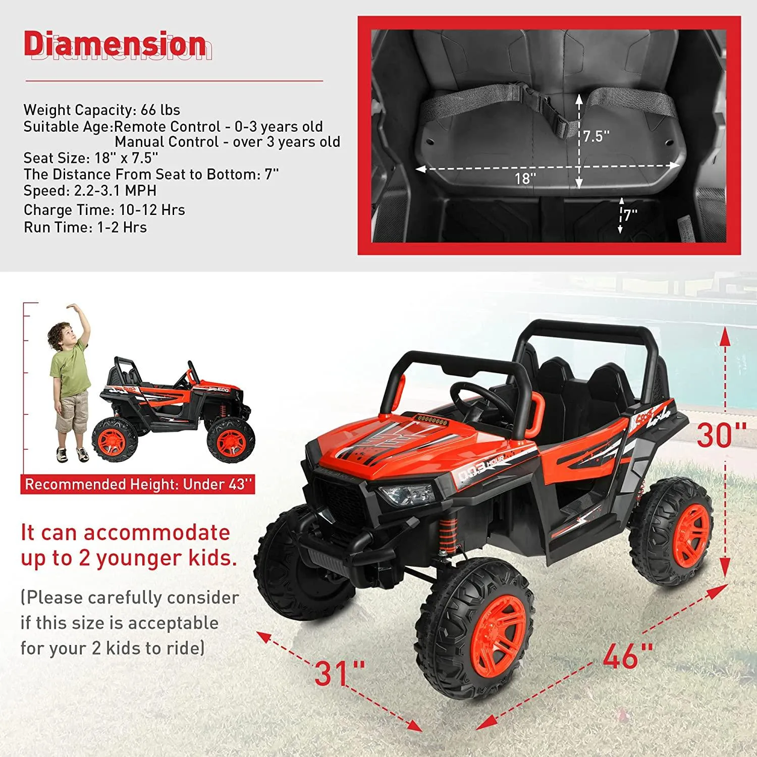 2 Seater Ride On Car Truck 12V Battery Powered Electric Vehicle with Parent Remote Control 4WD Kids Electric Car