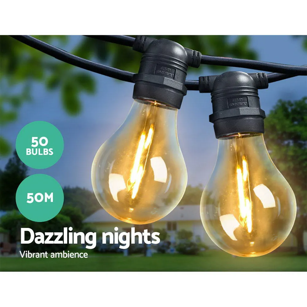 50m LED Festoon String Lights, Waterproof, 50 Bulbs