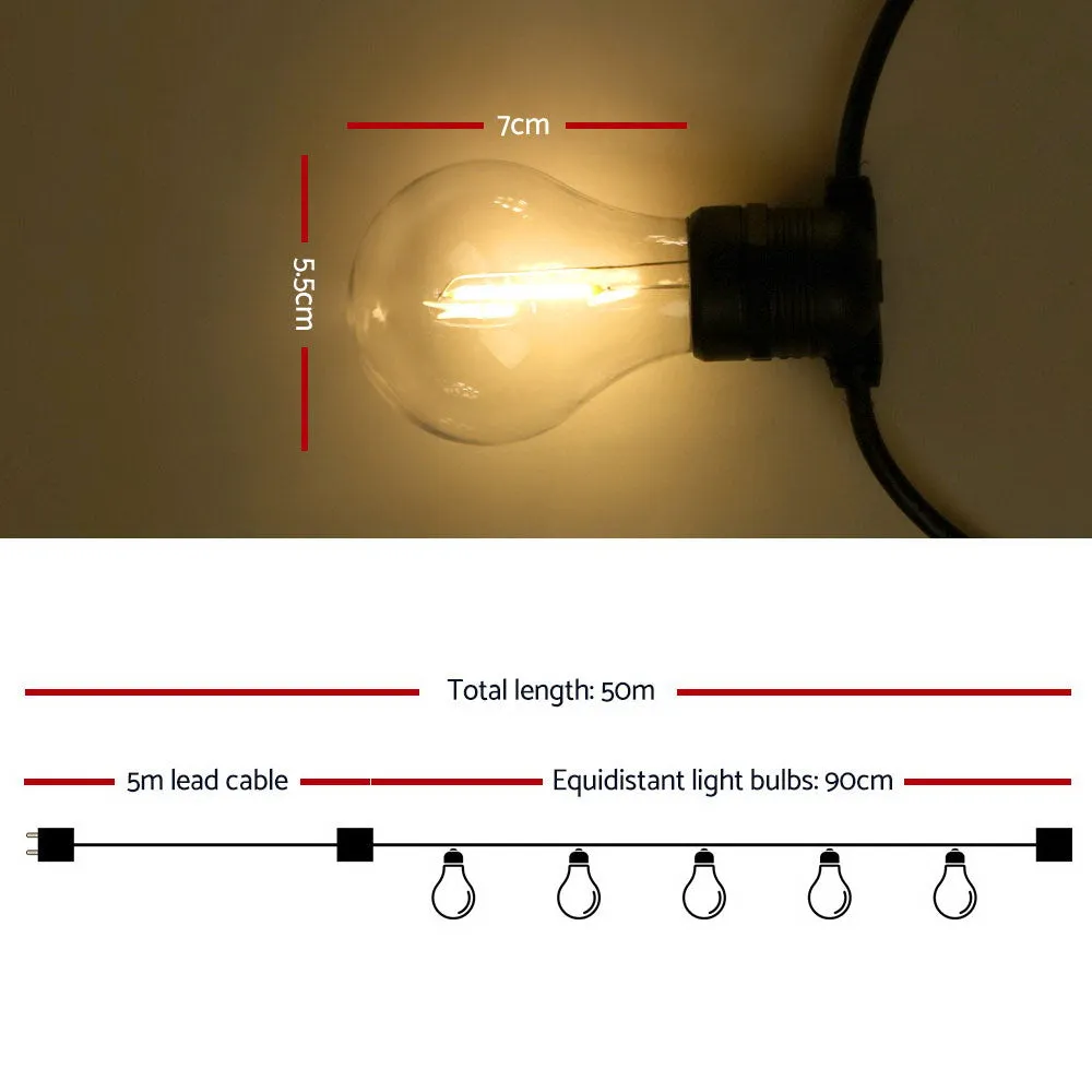 50m LED Festoon String Lights, Waterproof, 50 Bulbs