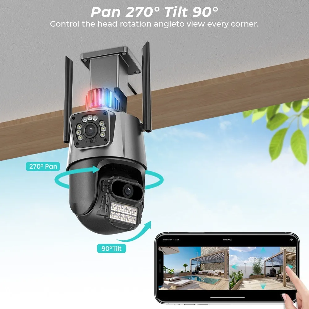 8MP 4K IP Camera Outdoor WiFi PTZ Dual Lens Dual Screen Auto Tracking Waterproof Security Video Surveillance Police Light Alarm