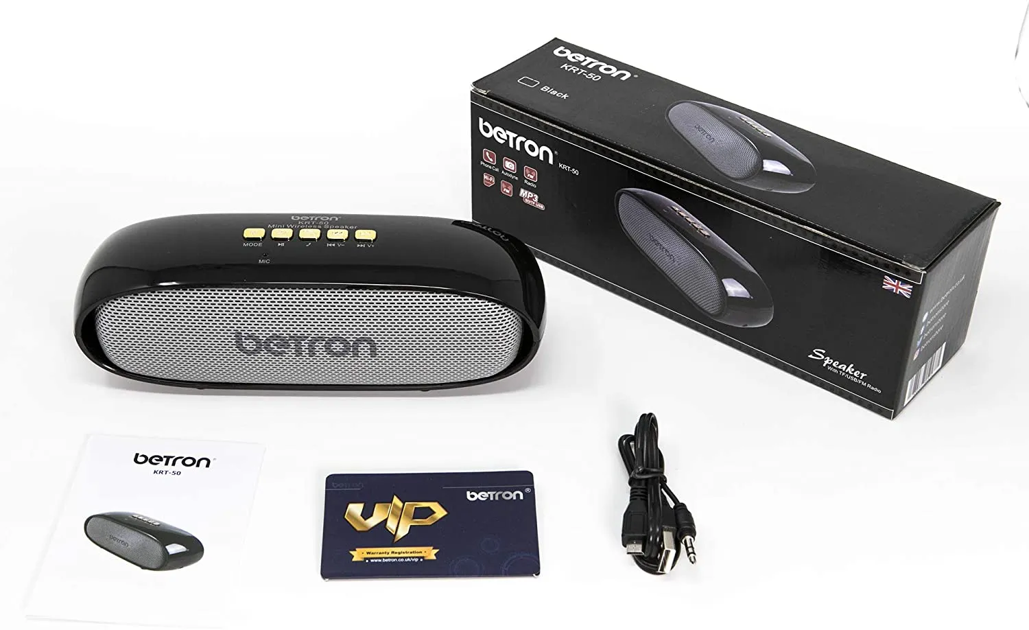 Betron KRT50 Bluetooth Wireless Speaker, Stereo Sound, Rich Bass, Micro SD Slot, Compatible with iPhone, Samsung, Tablets, Laptops, Black and Silver