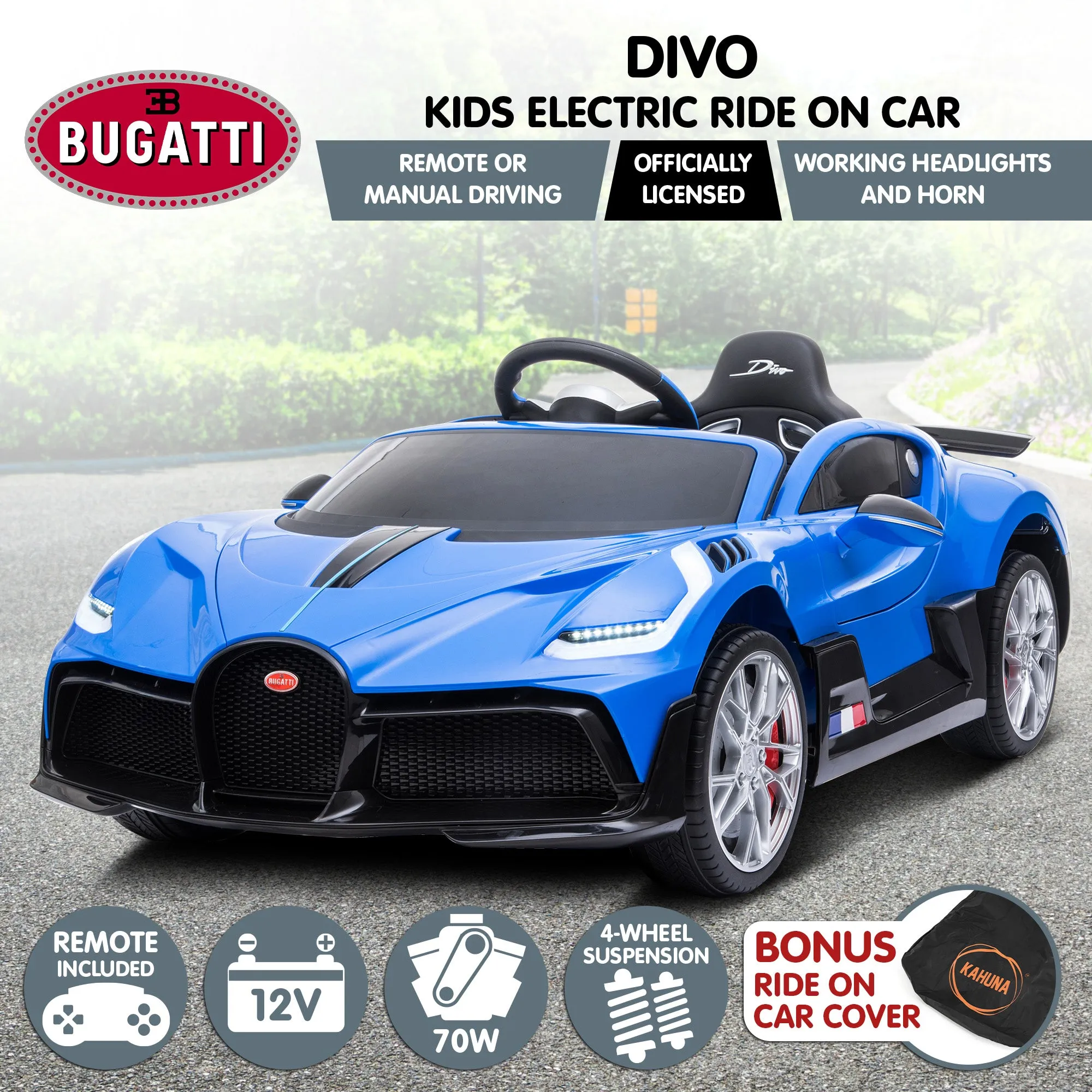 Blue Bugatti Divo Electric Ride On Car w/Remote, MP3, LED