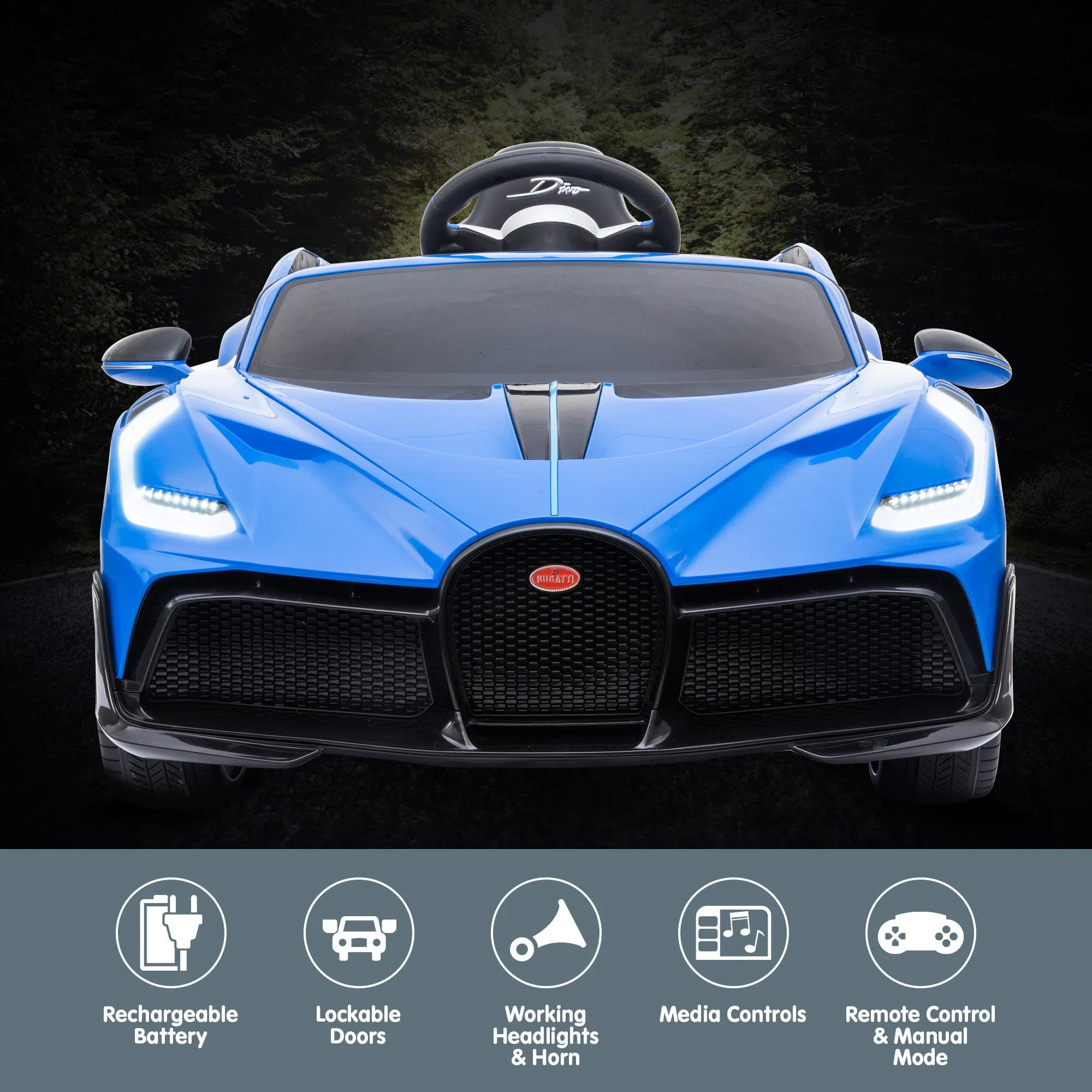 Blue Bugatti Divo Electric Ride On Car w/Remote, MP3, LED