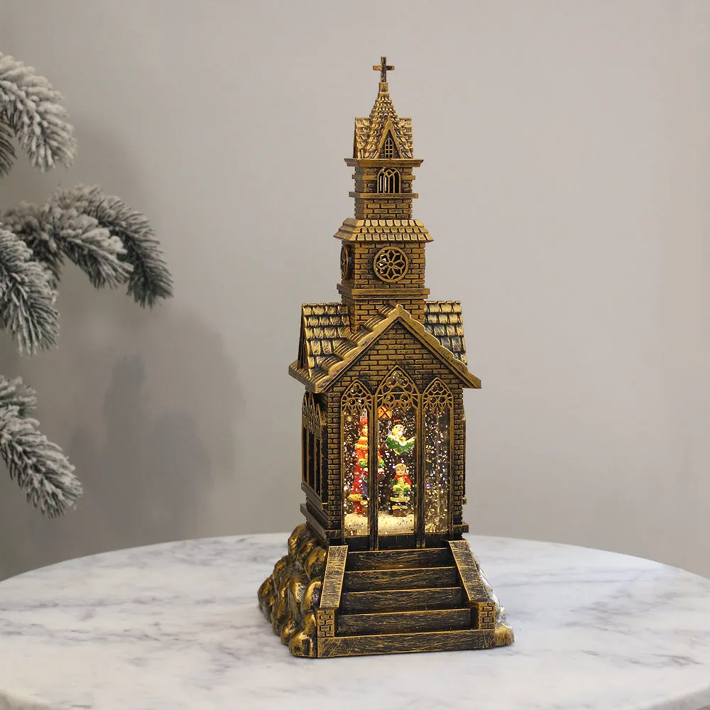 Christmas Musical Water Lantern Vintage Church with Swirling Confetti LED Lights