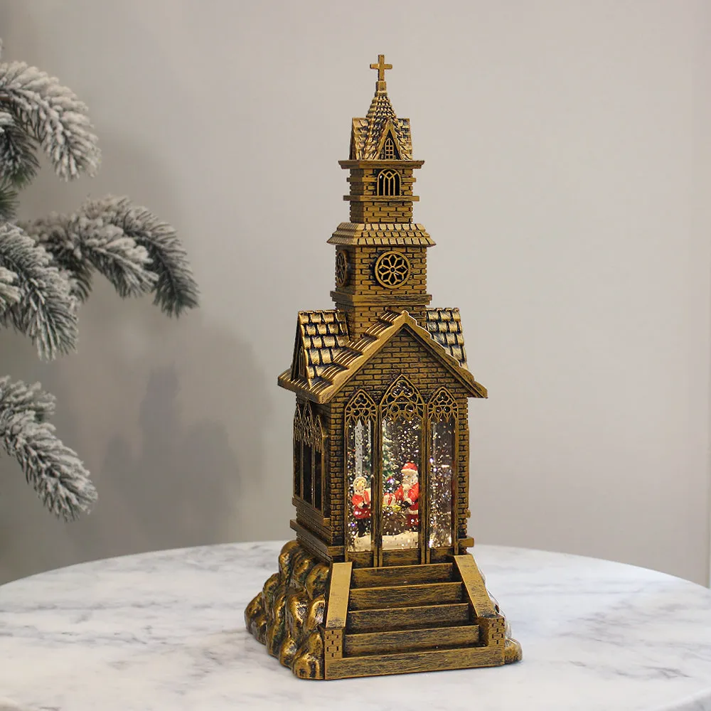 Christmas Musical Water Lantern Vintage Church with Swirling Confetti LED Lights