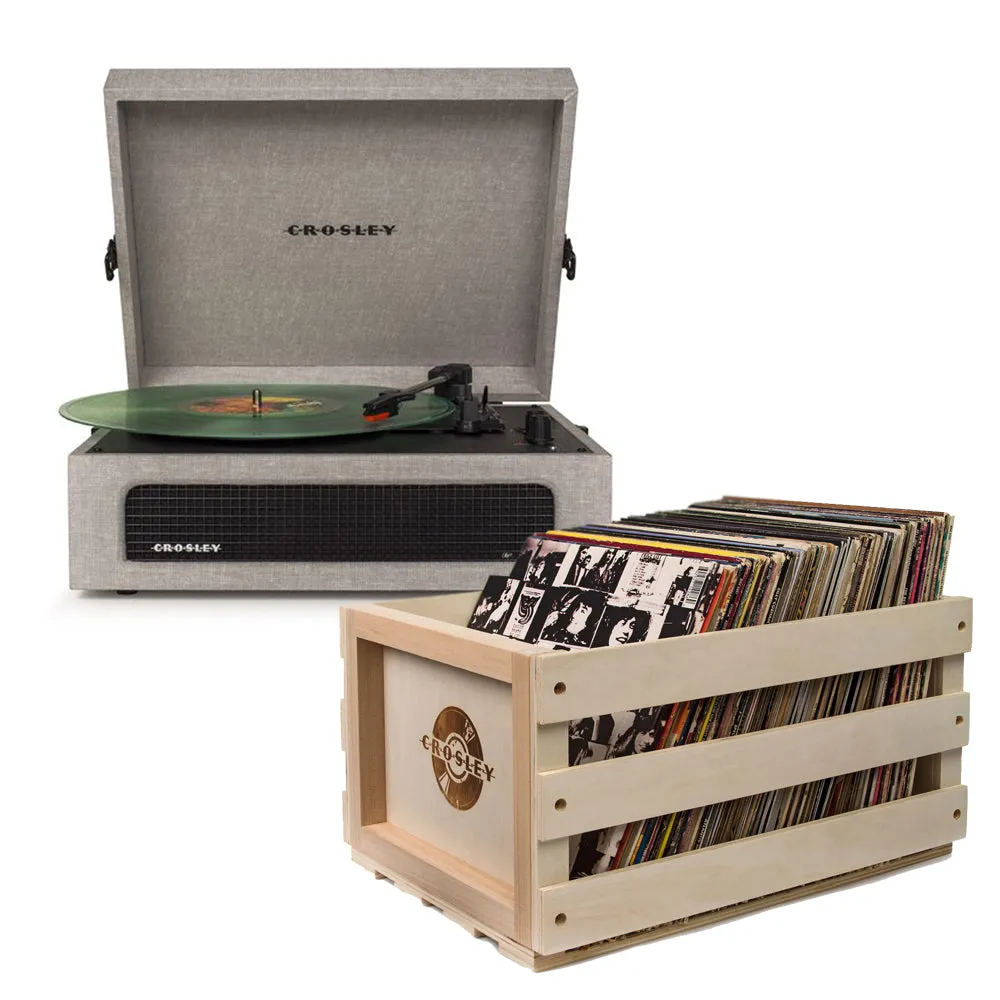 Crosley Voyager Bluetooth Portable Turntable - Grey   Bundled Record Storage Crate