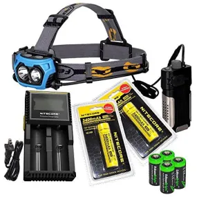 Fenix HP40F Anglers Headlamp - 450 Lumen with White/Blue LED, Includes Nitecore D2 Smart Battery Charger, 2 Nitecore NL189 3400mAh Rechargeable Batteries and 4 EdisonBright CR123A Lithium Batteries