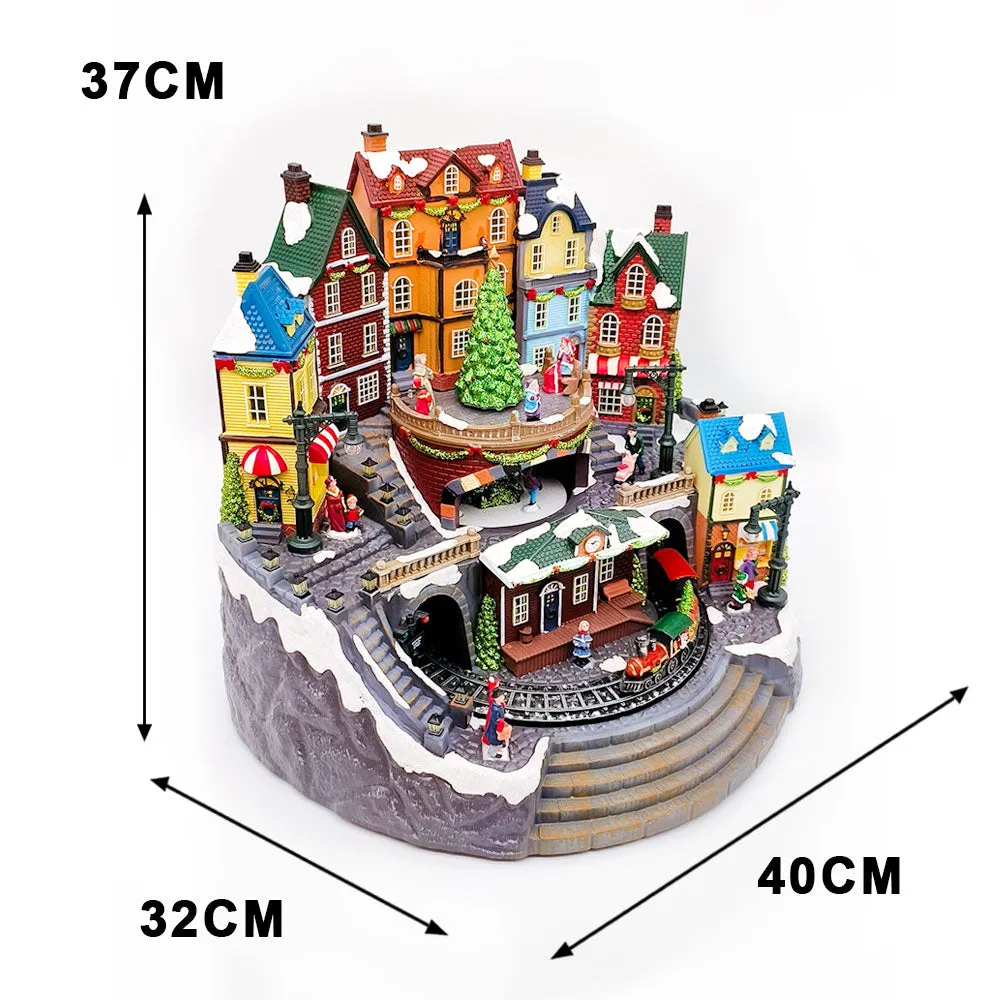 Large Animated Christmas Village Train Station Building Xmas Tree Musical LED Light-up