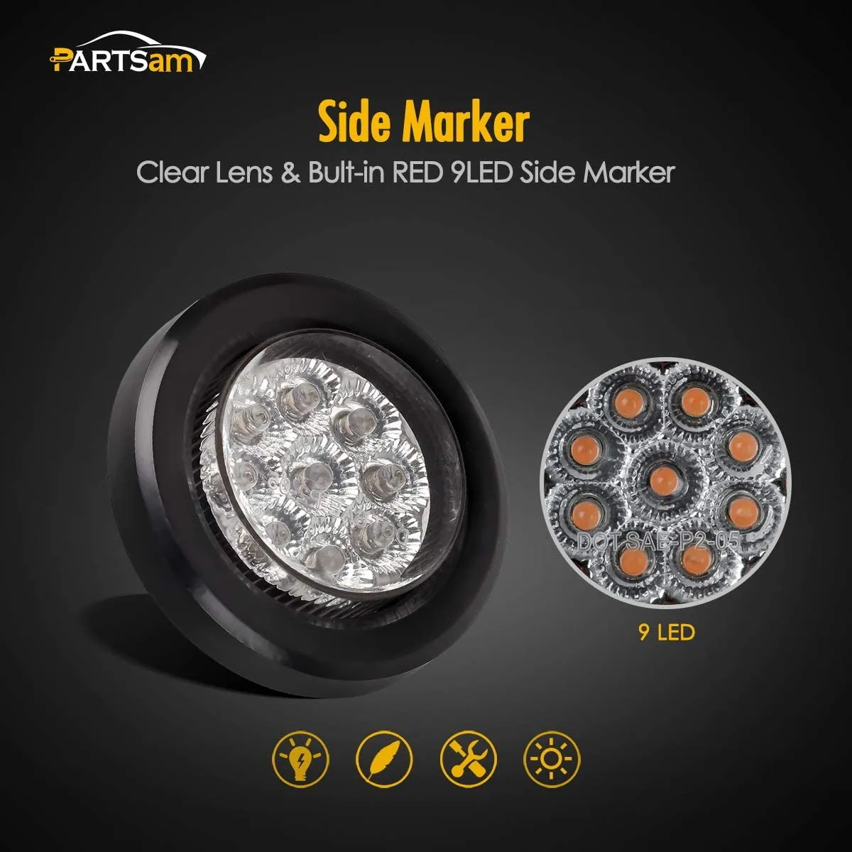 Partsam Pair 2" Clear/Red Flush Mount Mini-Reflex Side Marker LED Light Truck RV Trailer 9LED w Grommet, Faceted Round Trailer Clearance Lights w Reflectors