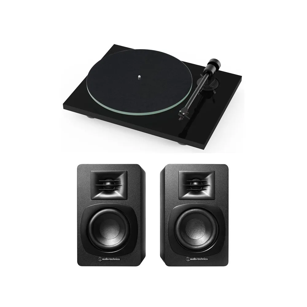 Pro ject T1 BT Turntable Bluetooth In Black with Audio Technica AT-SP3X Powered Bookshelf Speakers with Bluetooth Black Hifi Package