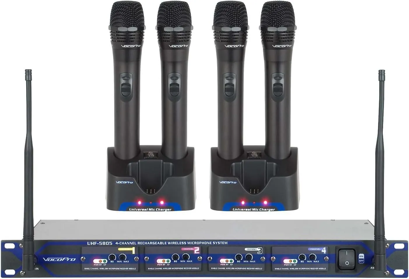 VocoPro UHF-5805-10 Professional Rechargeable 4-Channel UHF Wireless Handheld Mic System